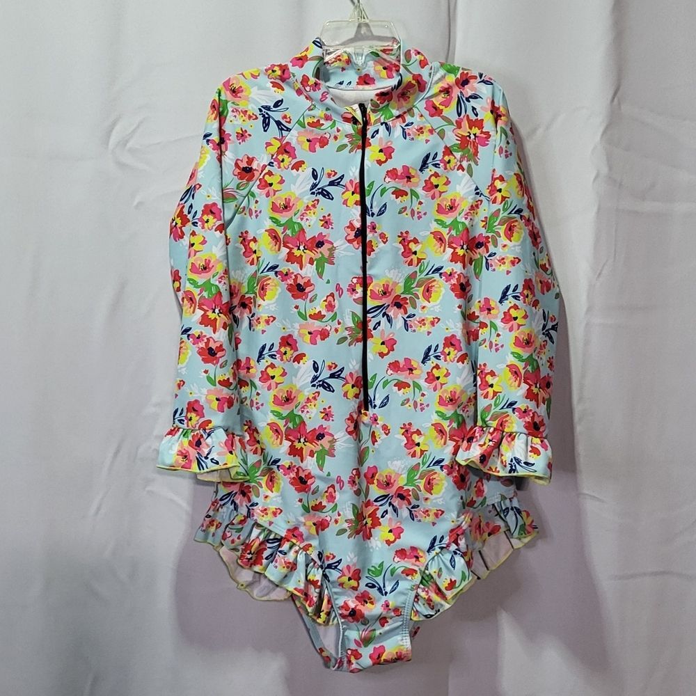 Girls Blue Floral One Piece Long Sleeve Ruffle Swimsuit Size 3XL - Picture 3 of 7